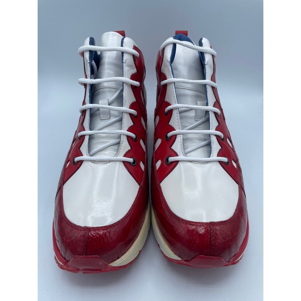 Belvedere Kevin Ostrich Leg Leather Mid Top Sneakers White Red Blue Mens 12